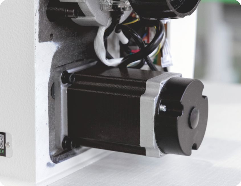 Stepper-controlled thread trimming and presser foot lift