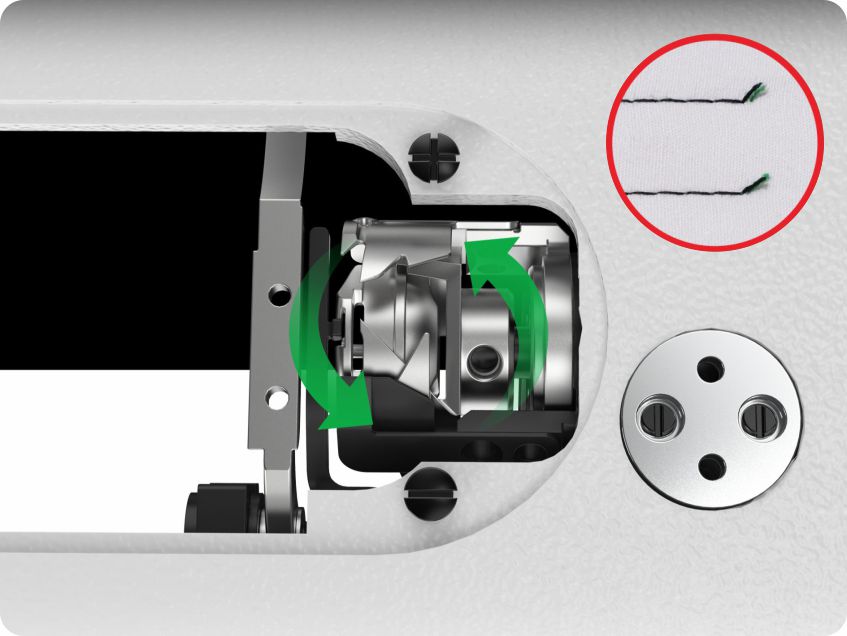 Dual-cutter trimming produces short thread ends and neat stitches